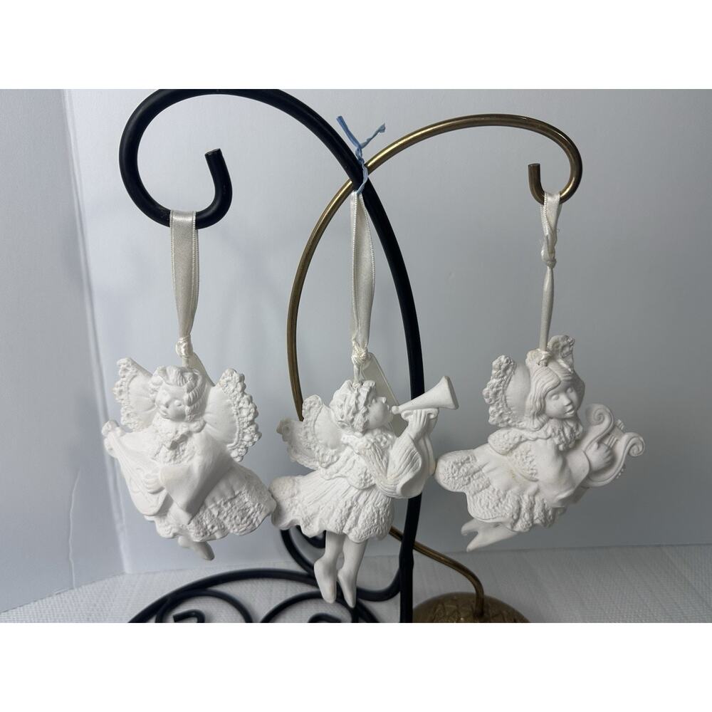 Vtg‎ Ceramic Paintable Angel Ornaments Set of 3 Cherub Music Christmas Decor